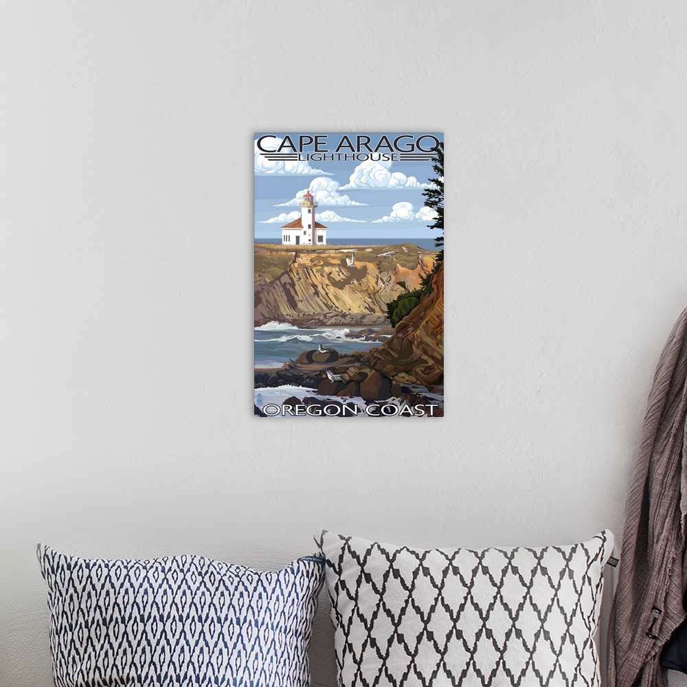 A bohemian room featuring Cape Arago Lighthouse - Oregon Coast: Retro Travel Poster