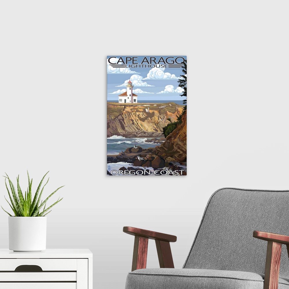 A modern room featuring Cape Arago Lighthouse - Oregon Coast: Retro Travel Poster