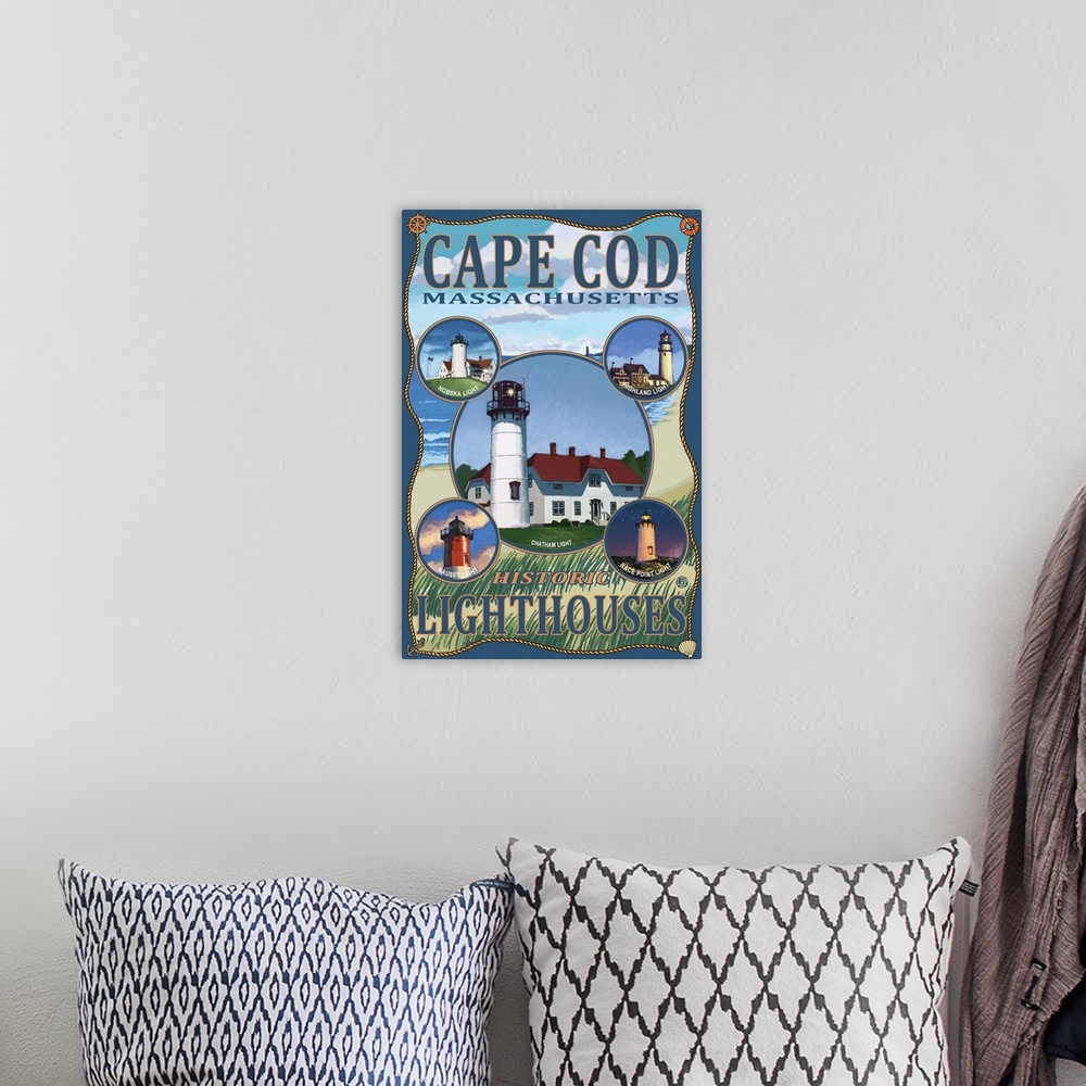 A bohemian room featuring Cape Cod Lighthouses, MA: Retro Travel Poster