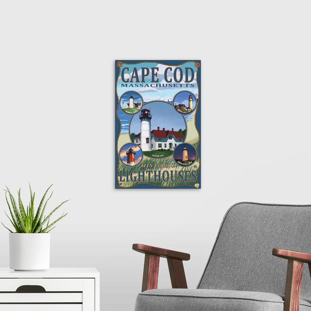 A modern room featuring Cape Cod Lighthouses, MA: Retro Travel Poster