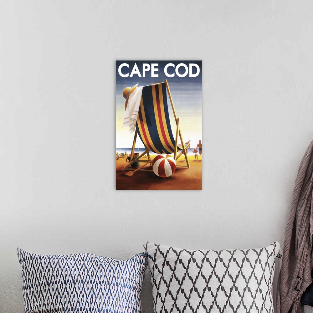 A bohemian room featuring Cape Cod, Massachusetts -  Beach Chair and Ball  Retro Travel Poster