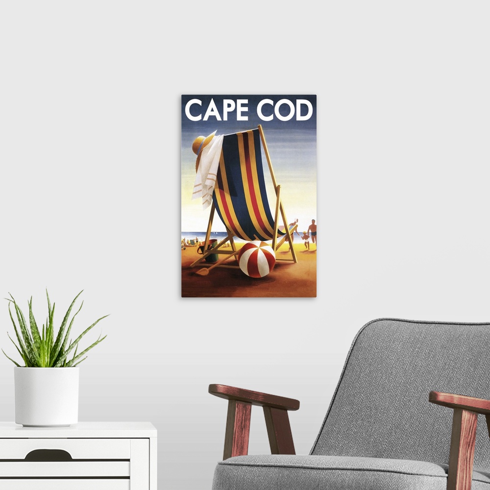 A modern room featuring Cape Cod, Massachusetts -  Beach Chair and Ball  Retro Travel Poster