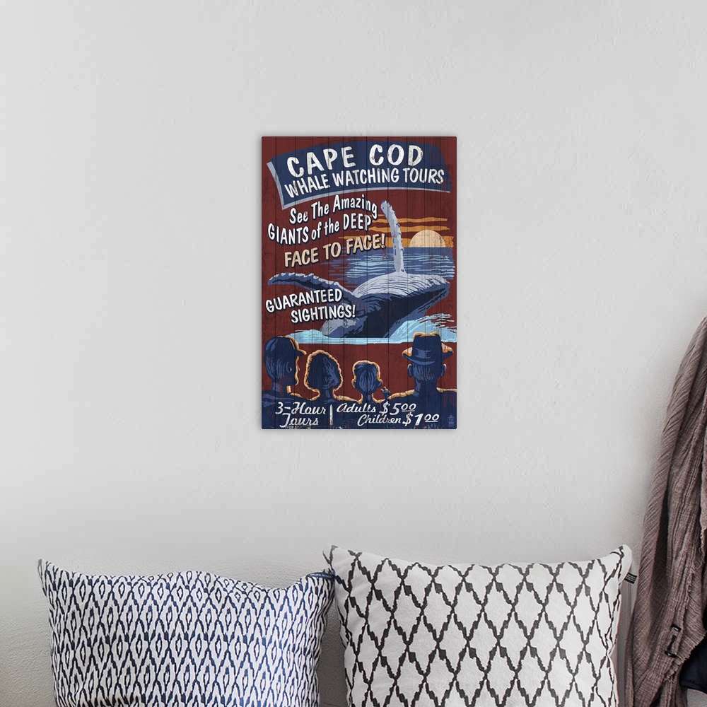 A bohemian room featuring Cape Cod, Massachusetts - Blue Whale Watching Vintage Sign: Retro Travel Poster