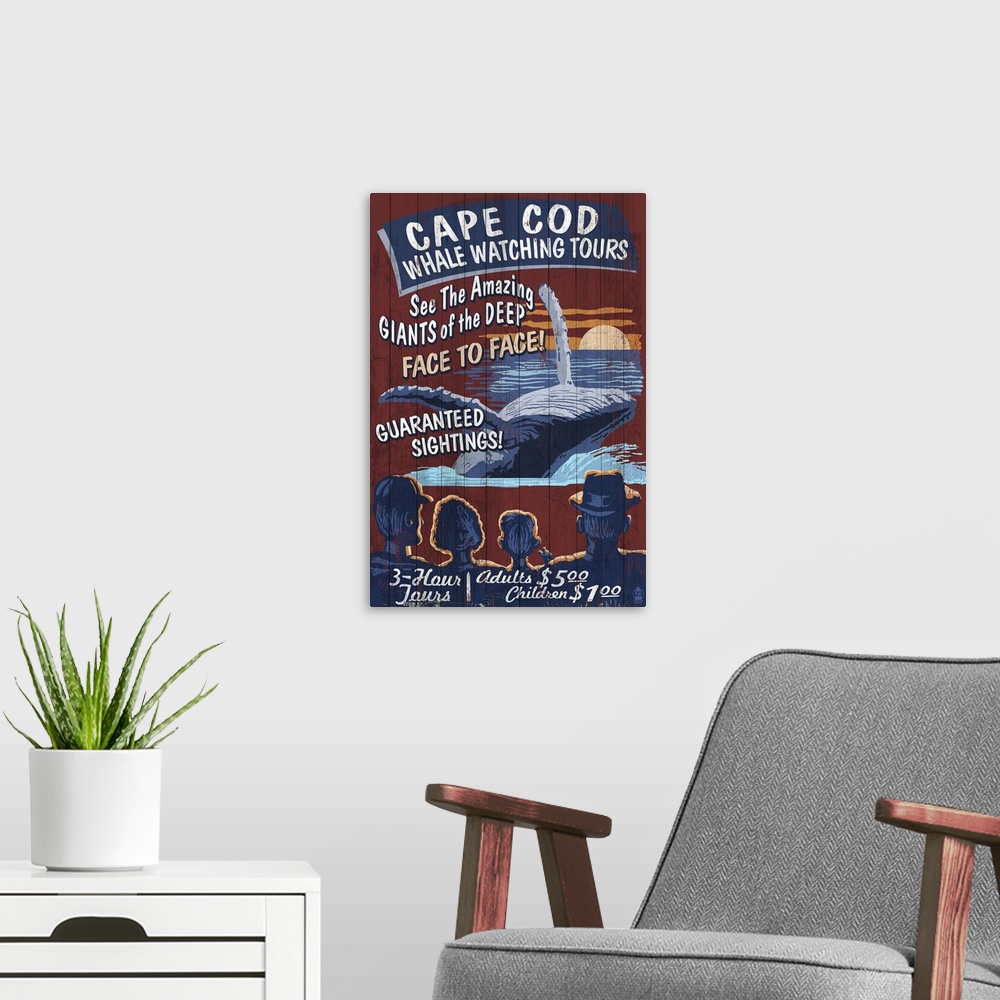 A modern room featuring Cape Cod, Massachusetts - Blue Whale Watching Vintage Sign: Retro Travel Poster