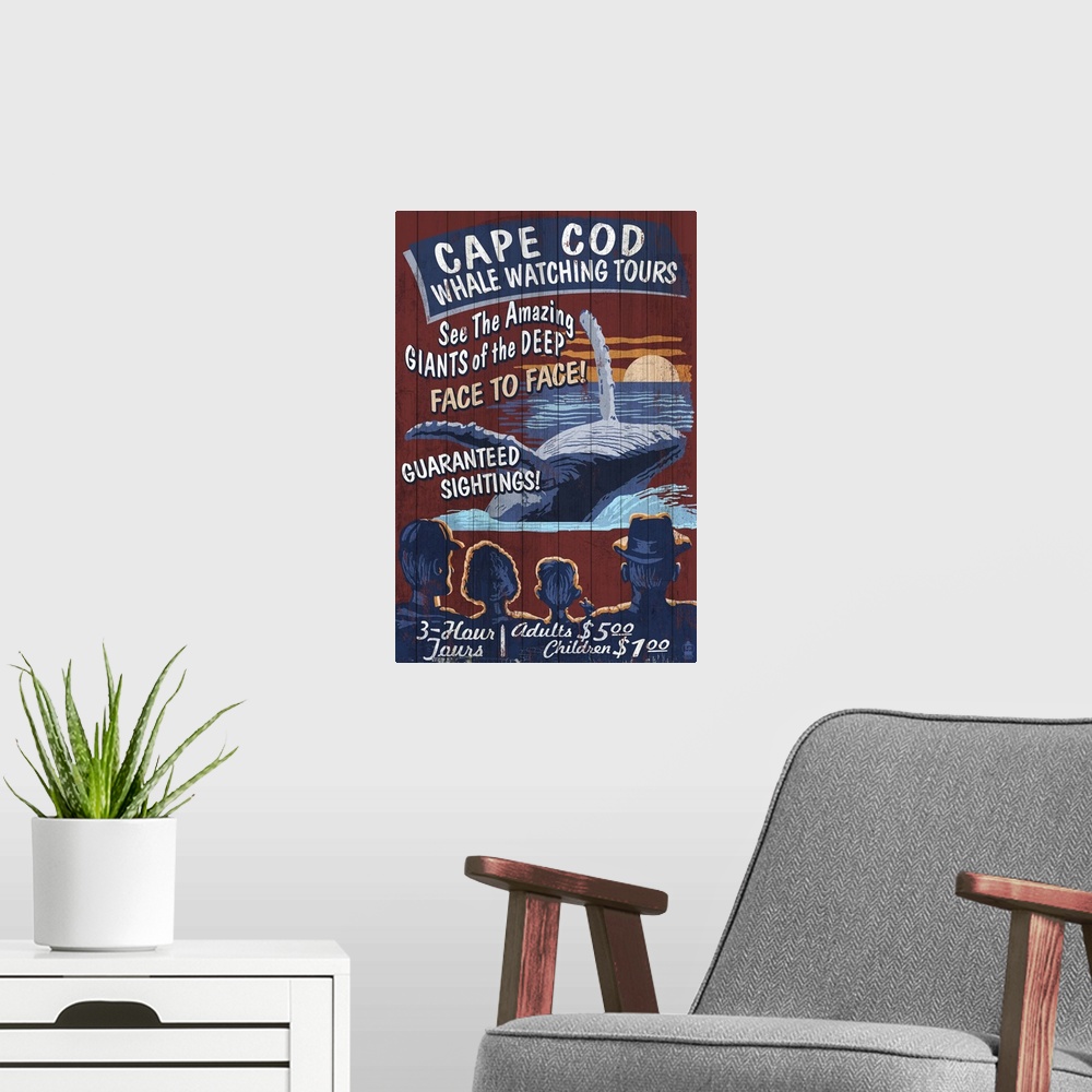 A modern room featuring Cape Cod, Massachusetts - Blue Whale Watching Vintage Sign: Retro Travel Poster
