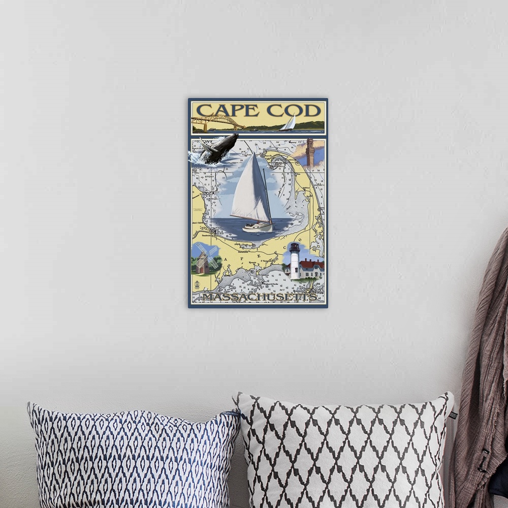 A bohemian room featuring Cape Cod, Massachusetts Chart and Views: Retro Travel Poster