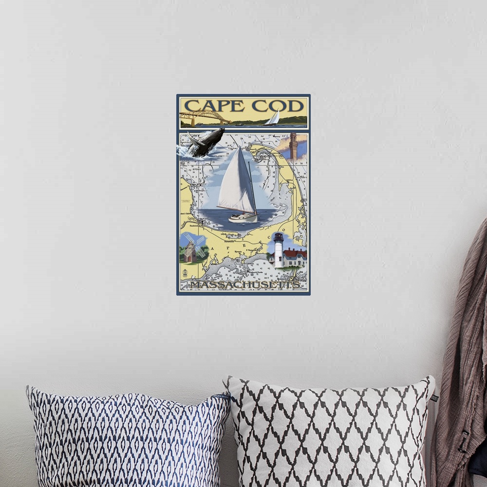 A bohemian room featuring Cape Cod, Massachusetts Chart and Views: Retro Travel Poster