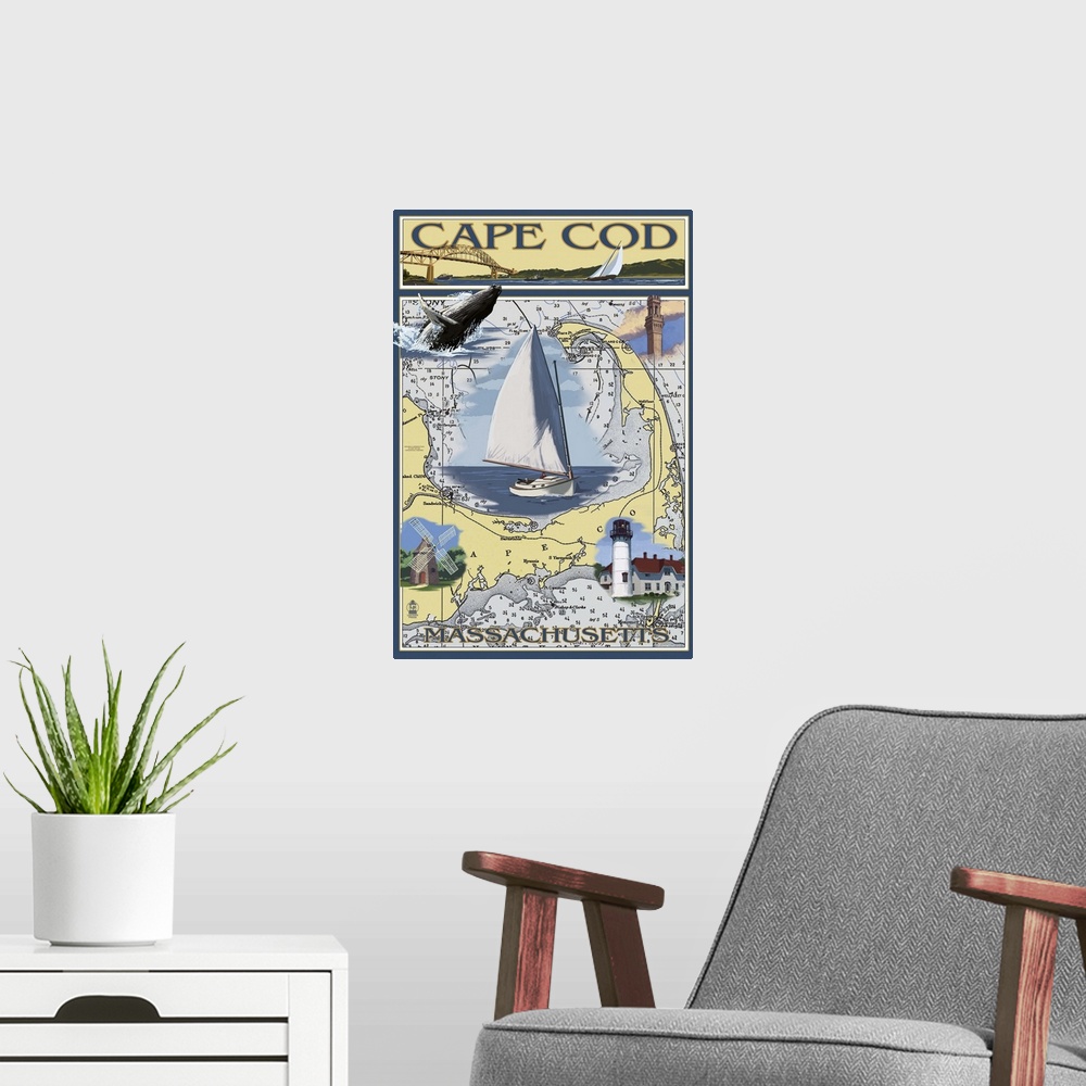 A modern room featuring Cape Cod, Massachusetts Chart and Views: Retro Travel Poster