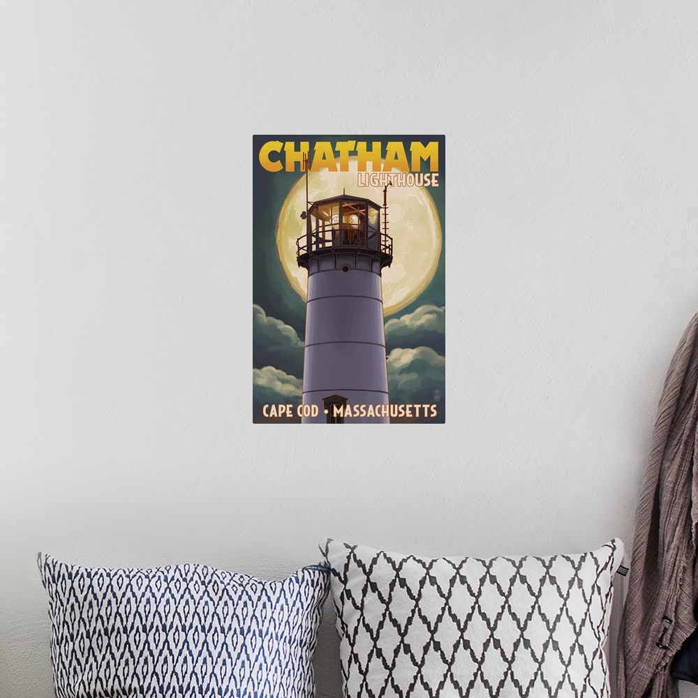 A bohemian room featuring Cape Cod, Massachusetts - Chatham Light and Full Moon: Retro Travel Poster