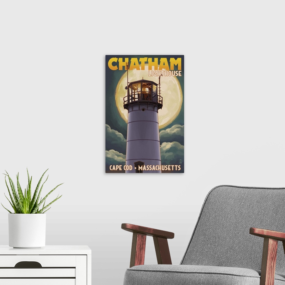 A modern room featuring Cape Cod, Massachusetts - Chatham Light and Full Moon: Retro Travel Poster
