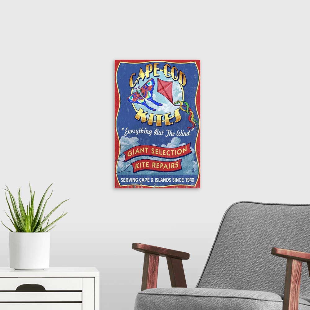 A modern room featuring Retro stylized art poster of a vintage sign, displaying soaring kites.