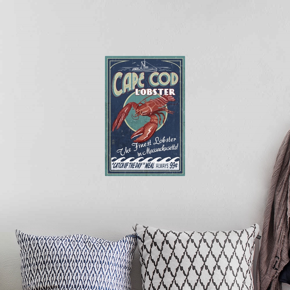 A bohemian room featuring Cape Cod, Massachusetts - Lobster Vintage Sign: Retro Travel Poster