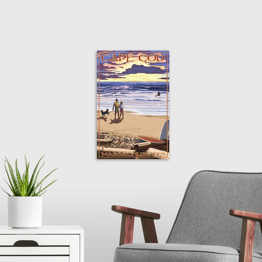 A modern room featuring Retro stylized art poster of a couple on a beach at sunset.