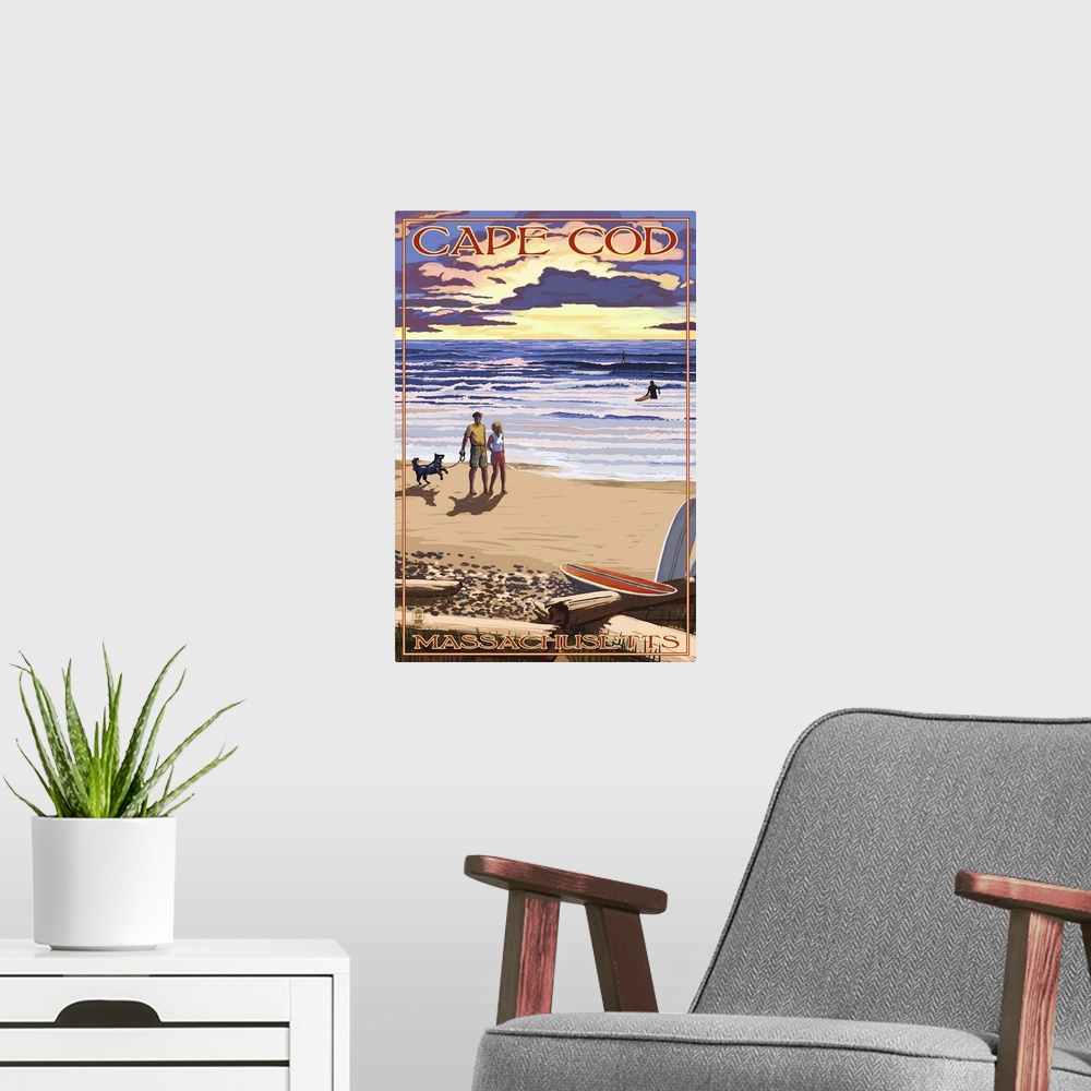 A modern room featuring Retro stylized art poster of a couple on a beach at sunset.