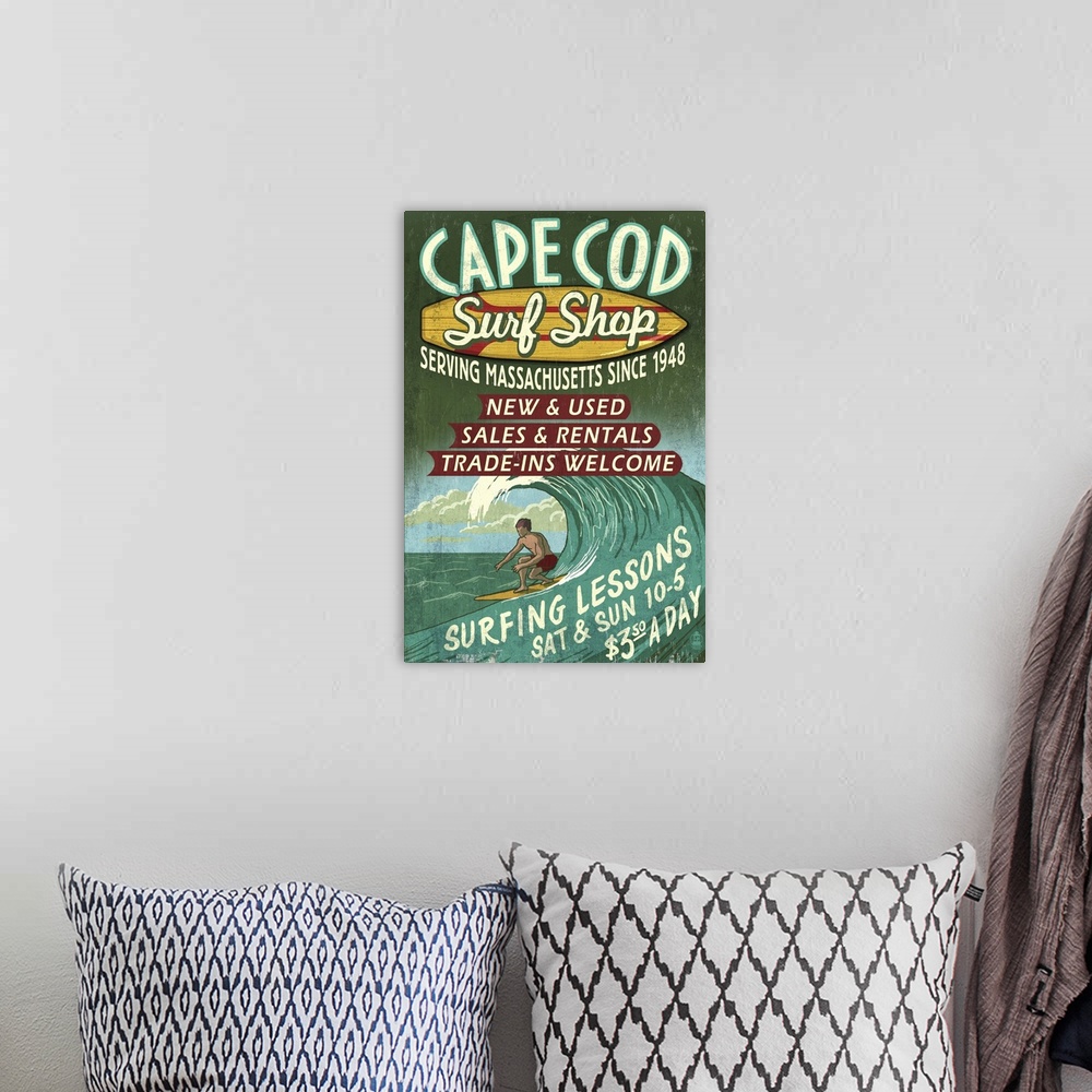 A bohemian room featuring Cape Cod, Massachusetts - Surf Shop Vintage Sign: Retro Travel Poster