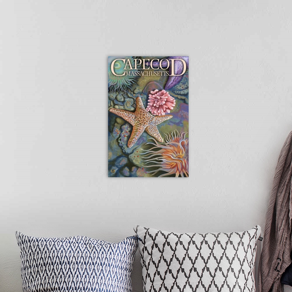 A bohemian room featuring Retro stylized art poster of a starfish and other sea life.