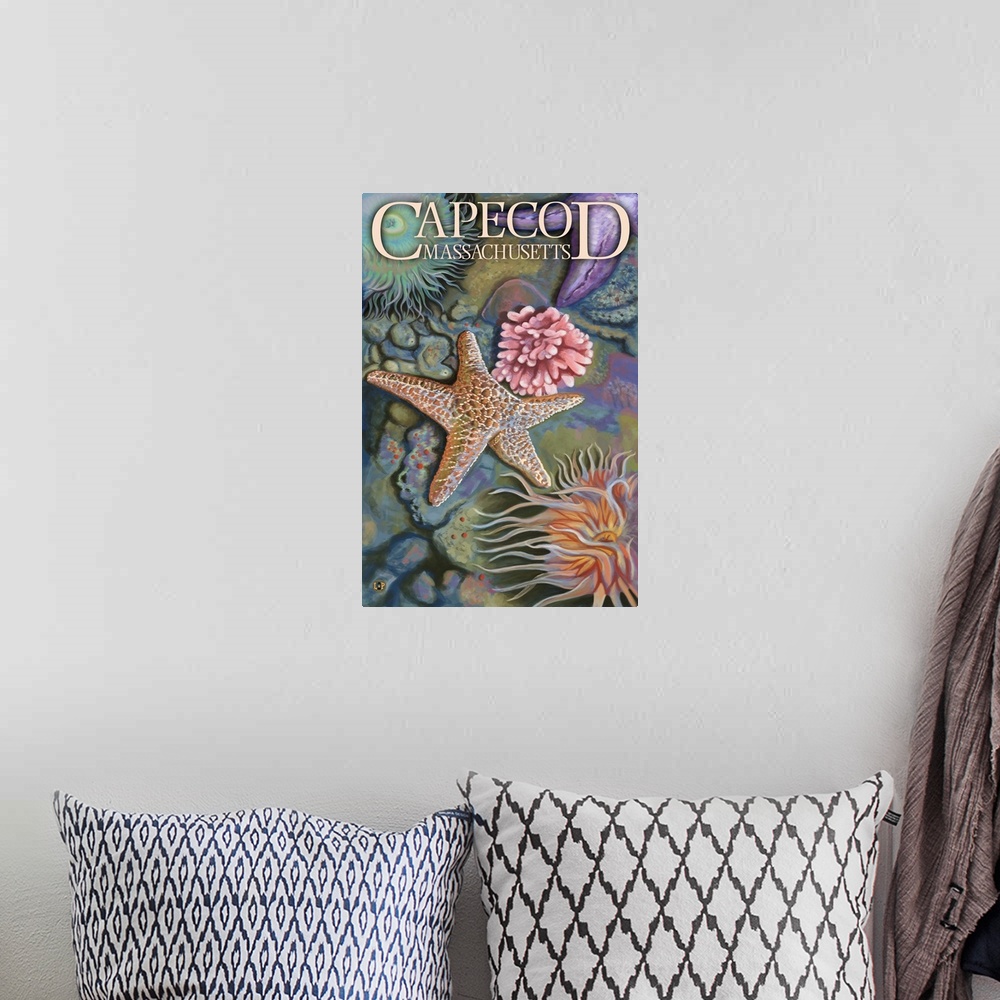 A bohemian room featuring Retro stylized art poster of a starfish and other sea life.