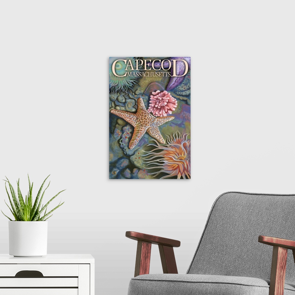 A modern room featuring Retro stylized art poster of a starfish and other sea life.