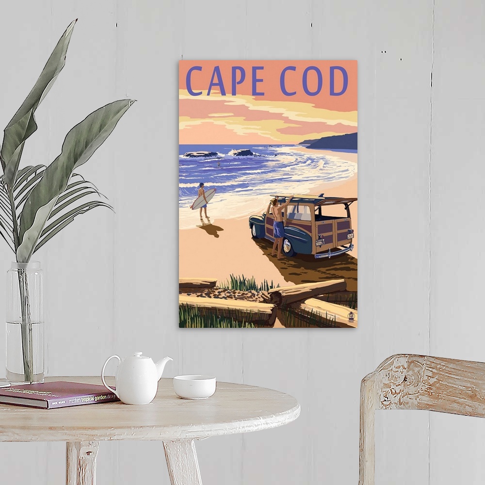 A farmhouse room featuring Retro stylized art poster of a vintage woody wagon with surfers on the beach at sunset.