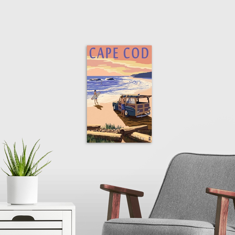 A modern room featuring Retro stylized art poster of a vintage woody wagon with surfers on the beach at sunset.