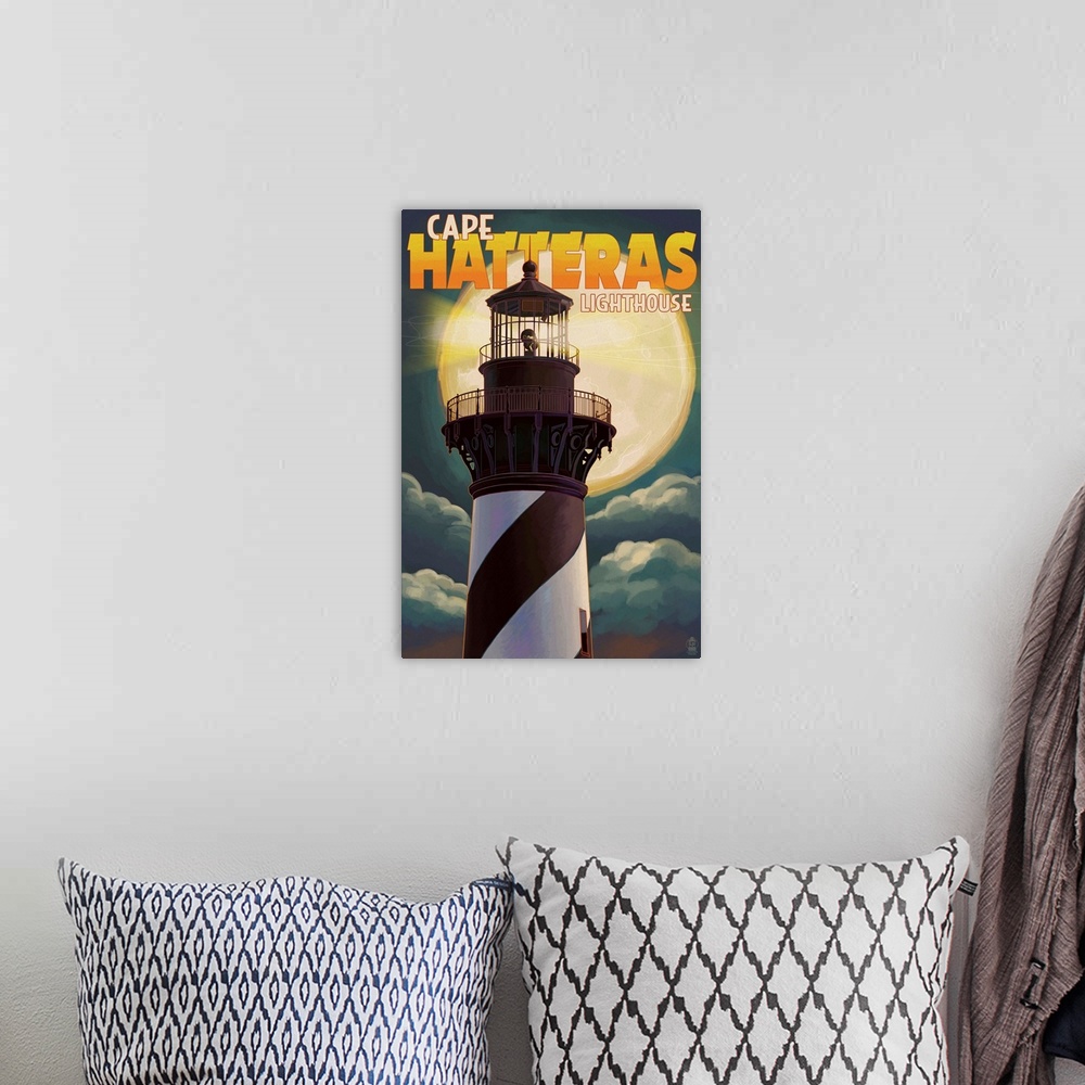 A bohemian room featuring Cape Hatteras Lighthouse Full Moon - Outer Banks, North Carolina: Retro Travel Poster