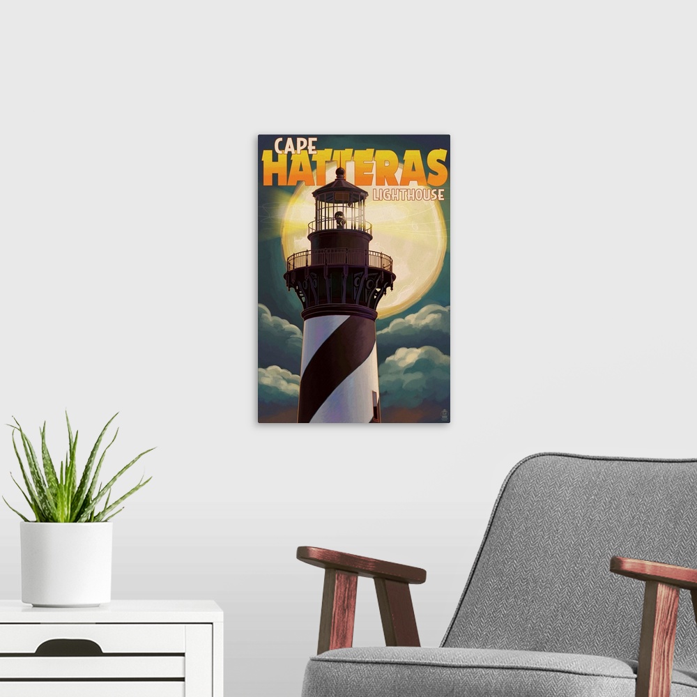 A modern room featuring Cape Hatteras Lighthouse Full Moon - Outer Banks, North Carolina: Retro Travel Poster