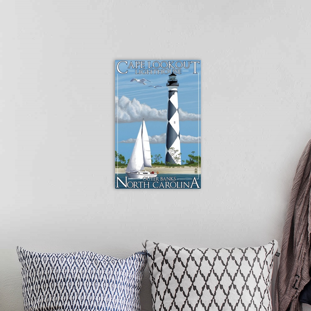 A bohemian room featuring Cape Lookout Lighthouse - Outer Banks, North Carolina: Retro Travel Poster