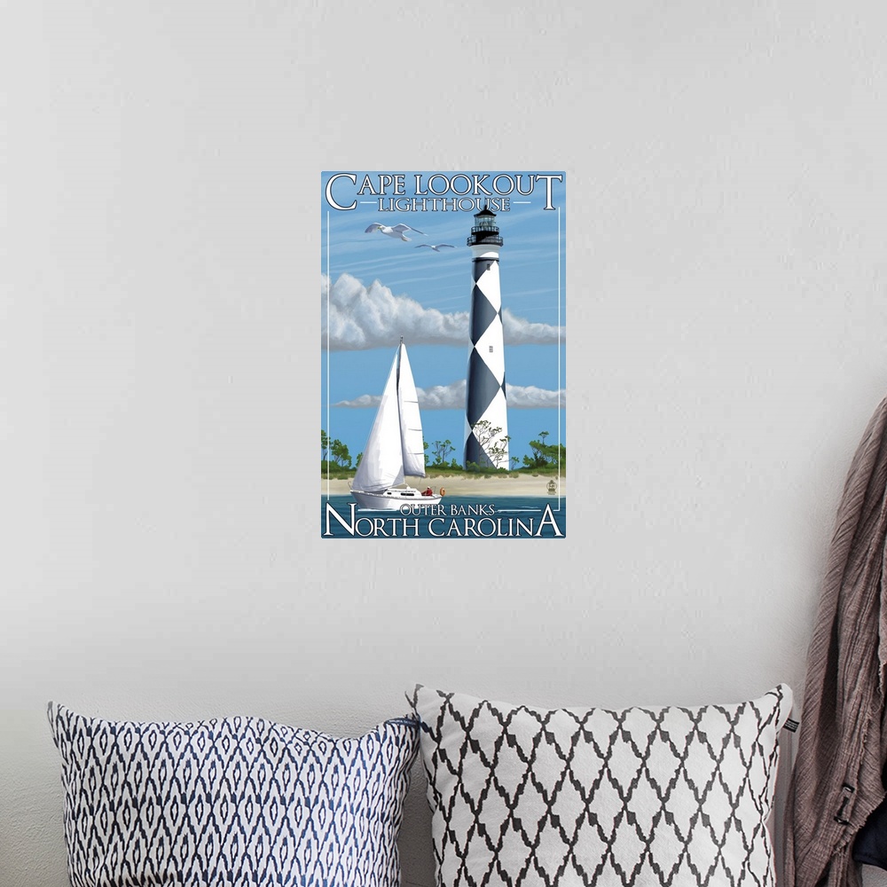 A bohemian room featuring Cape Lookout Lighthouse - Outer Banks, North Carolina: Retro Travel Poster