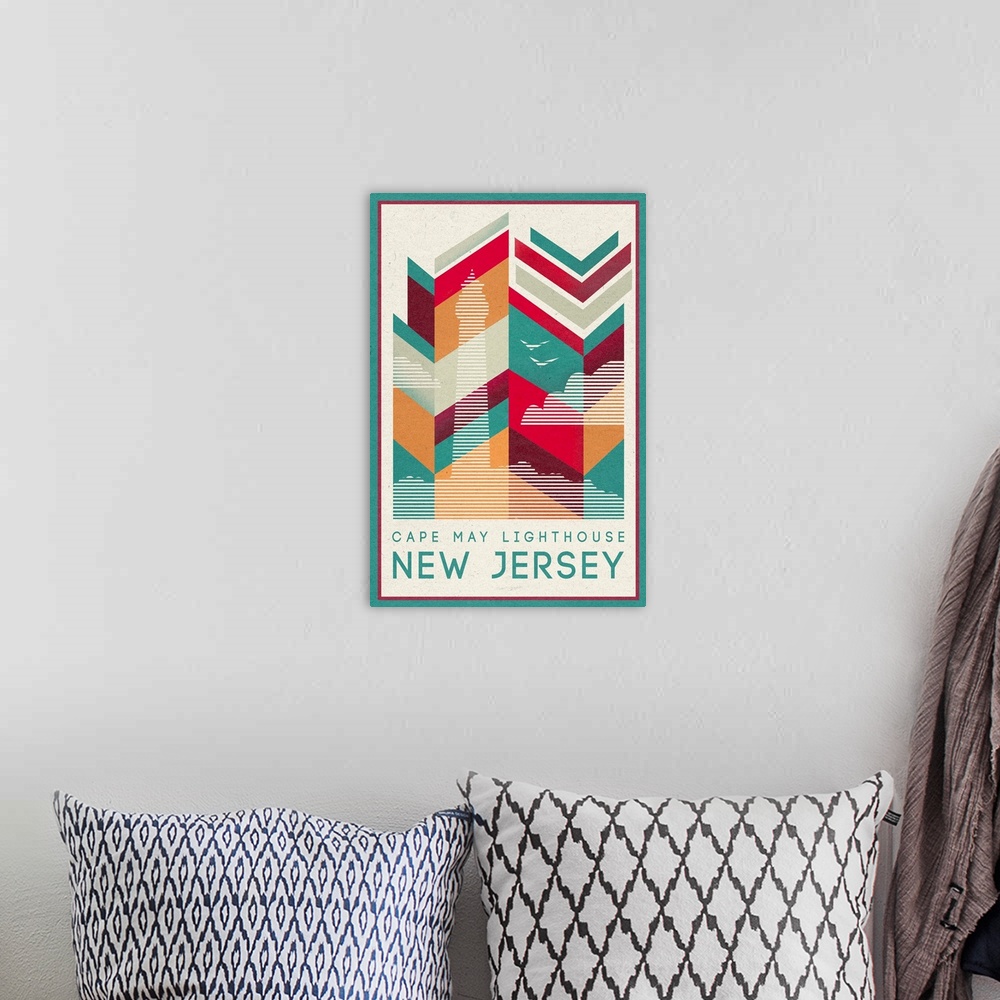 A bohemian room featuring Cape May - Lighthouse - Geometric Line Art