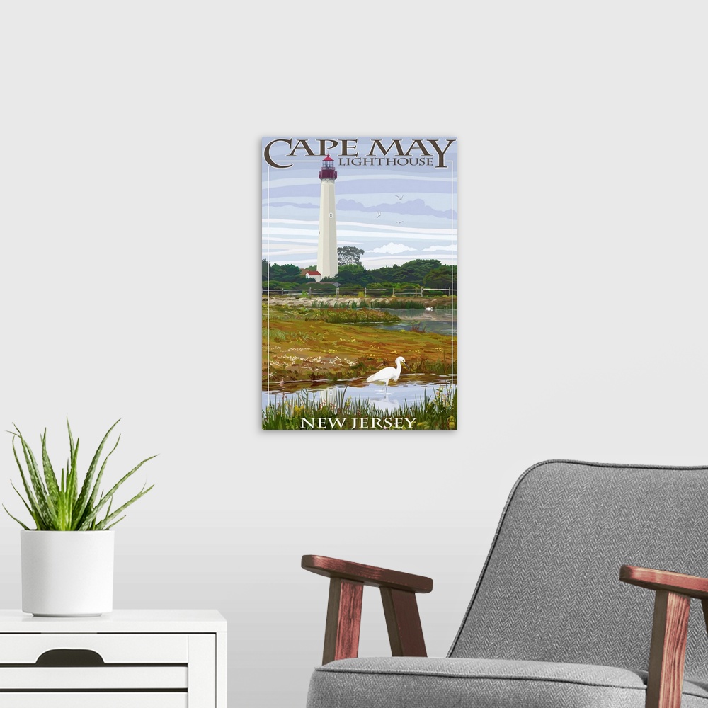 A modern room featuring Cape May Lighthouse - New Jersey Shore: Retro Travel Poster