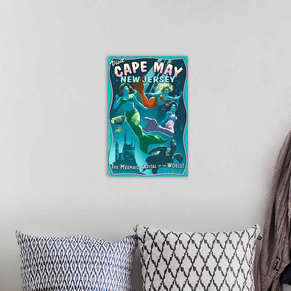A bohemian room featuring Cape May, New Jersey - Mermaids Vintage Sign: Retro Travel Poster