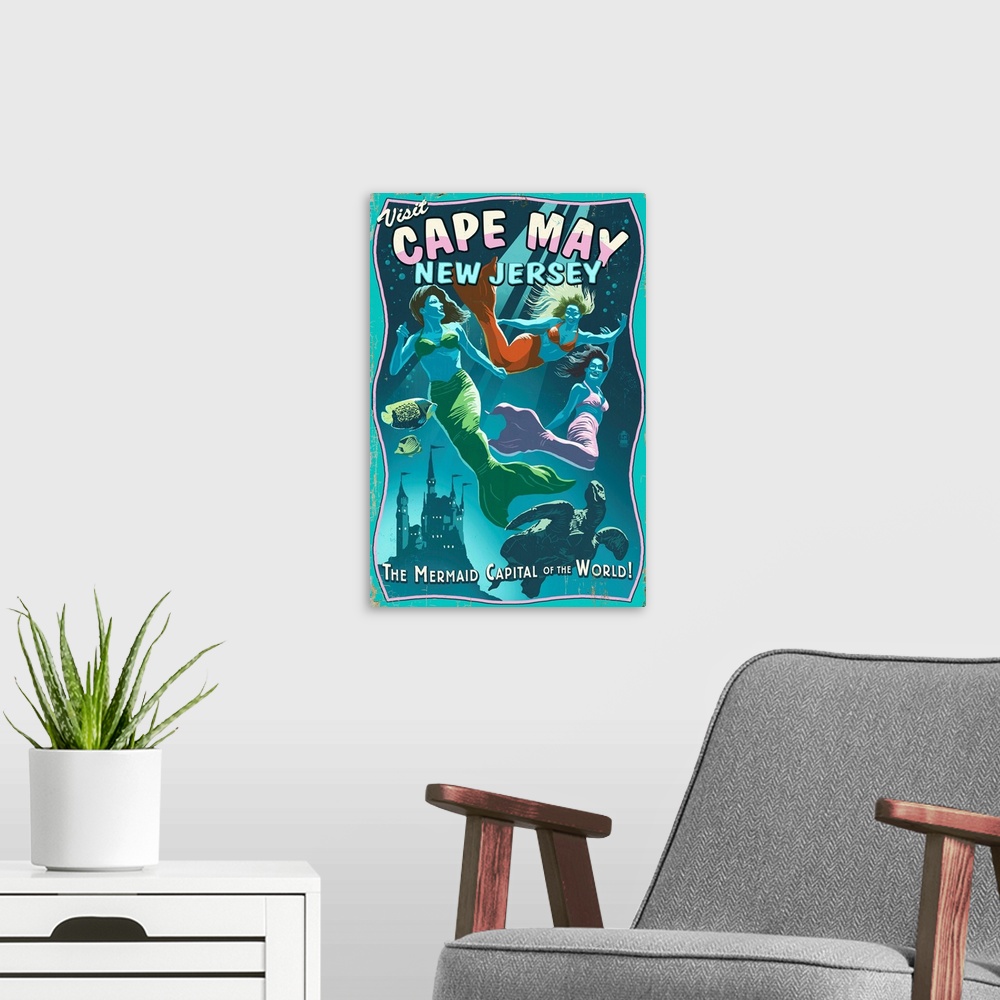 A modern room featuring Cape May, New Jersey - Mermaids Vintage Sign: Retro Travel Poster