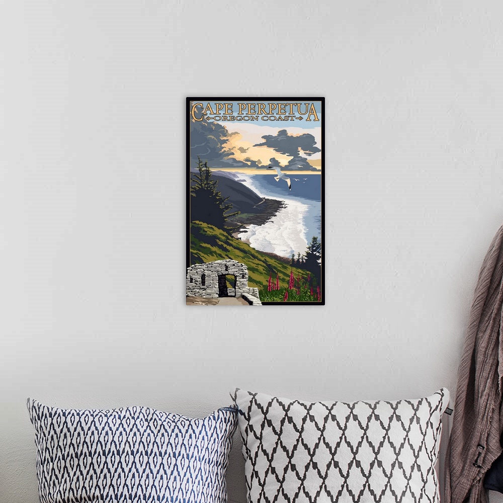 A bohemian room featuring Cape Perpetua - Oregon Coast: Retro Travel Poster