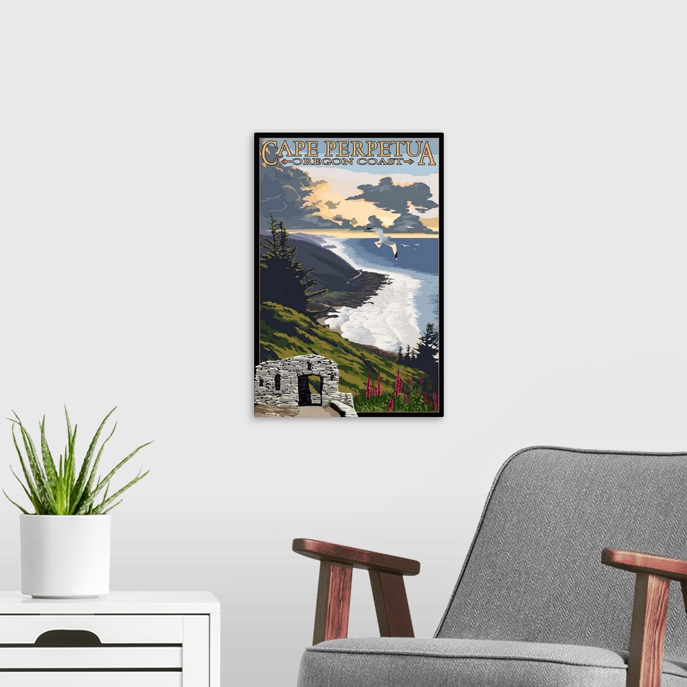 A modern room featuring Cape Perpetua - Oregon Coast: Retro Travel Poster