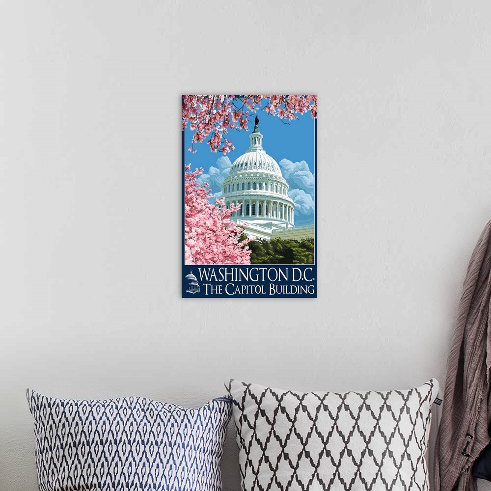 A bohemian room featuring Capitol Building and Cherry Blossoms - Washington DC: Retro Travel Poster