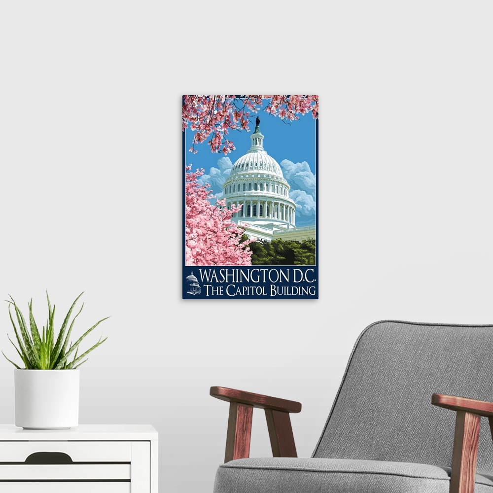 A modern room featuring Capitol Building and Cherry Blossoms - Washington DC: Retro Travel Poster