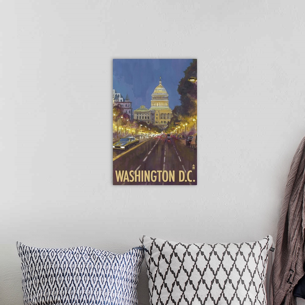 A bohemian room featuring Capitol Building - Washington DC: Retro Travel Poster
