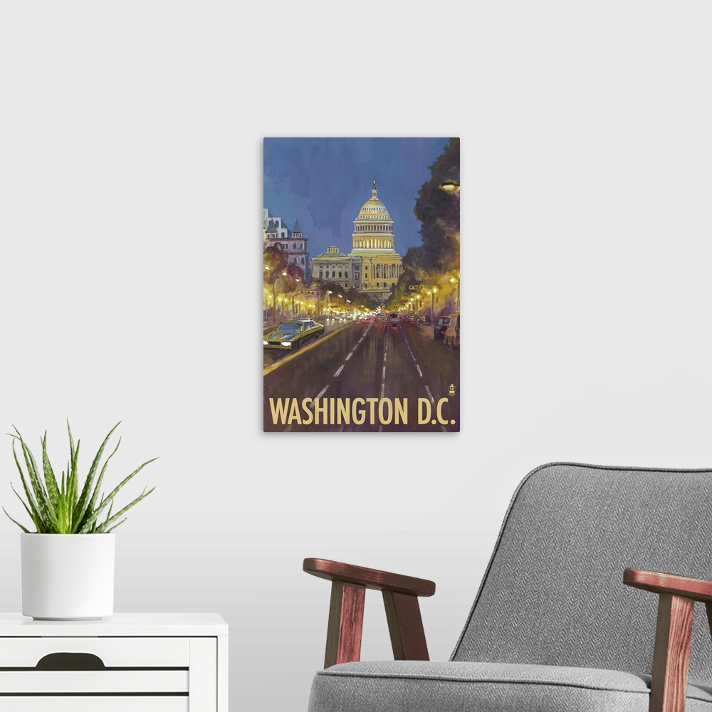 A modern room featuring Capitol Building - Washington DC: Retro Travel Poster