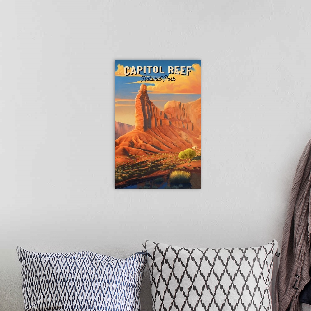 A bohemian room featuring Capitol Reef National Park, Chimney Rock: Retro Travel Poster