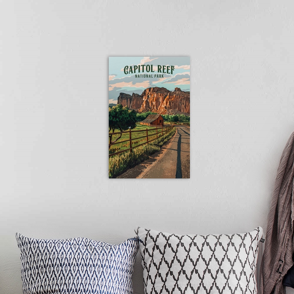 A bohemian room featuring Capitol Reef National Park, Gifford Homestead: Retro Travel Poster