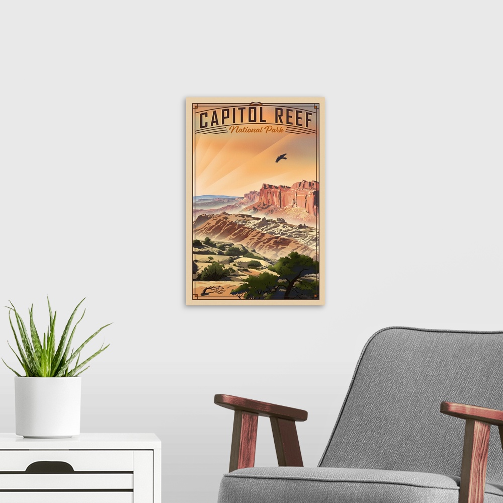 A modern room featuring Capitol Reef National Park, Natural Landscape: Retro Travel Poster