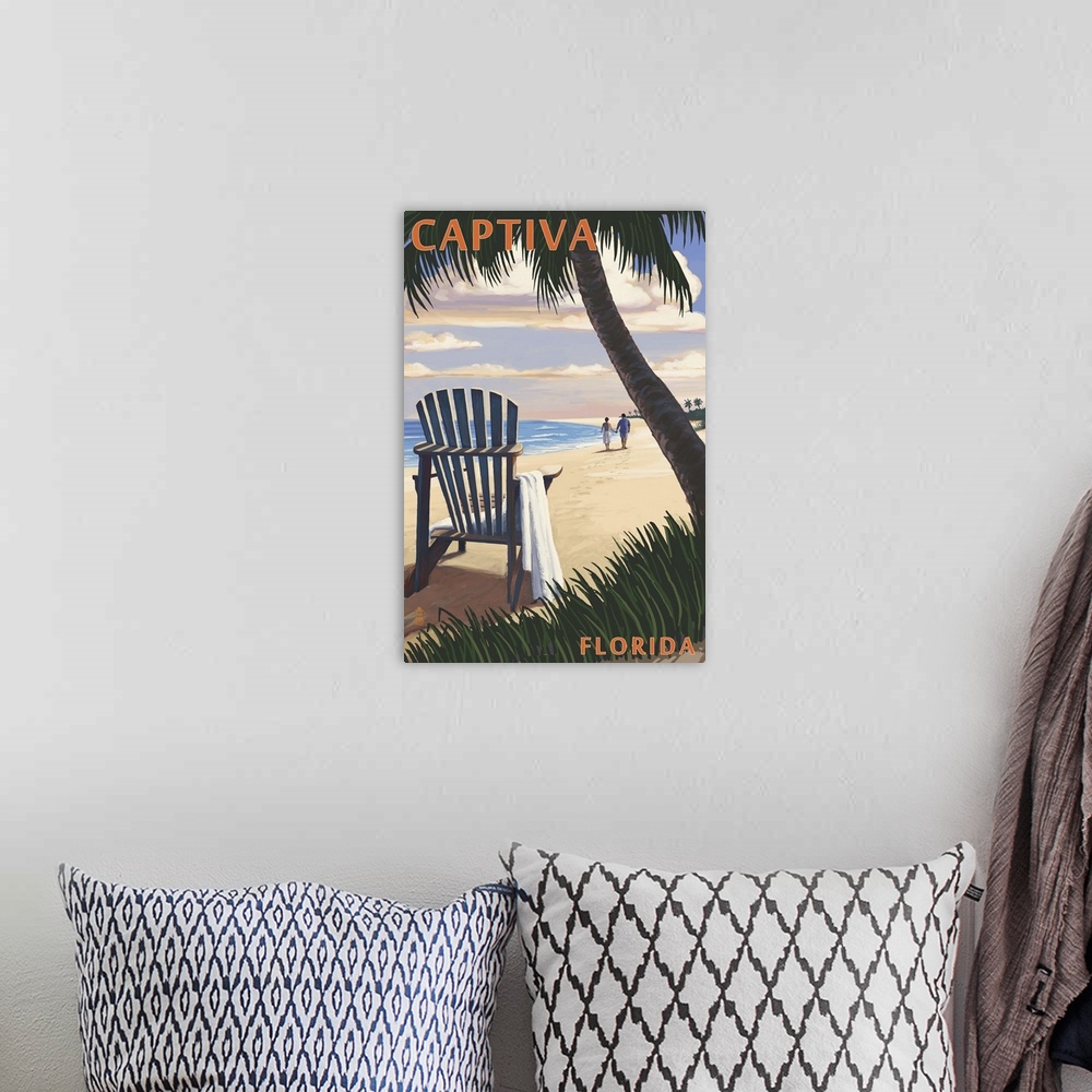 A bohemian room featuring Captiva, Florida - Adirondack Chair on the Beach: Retro Travel Poster