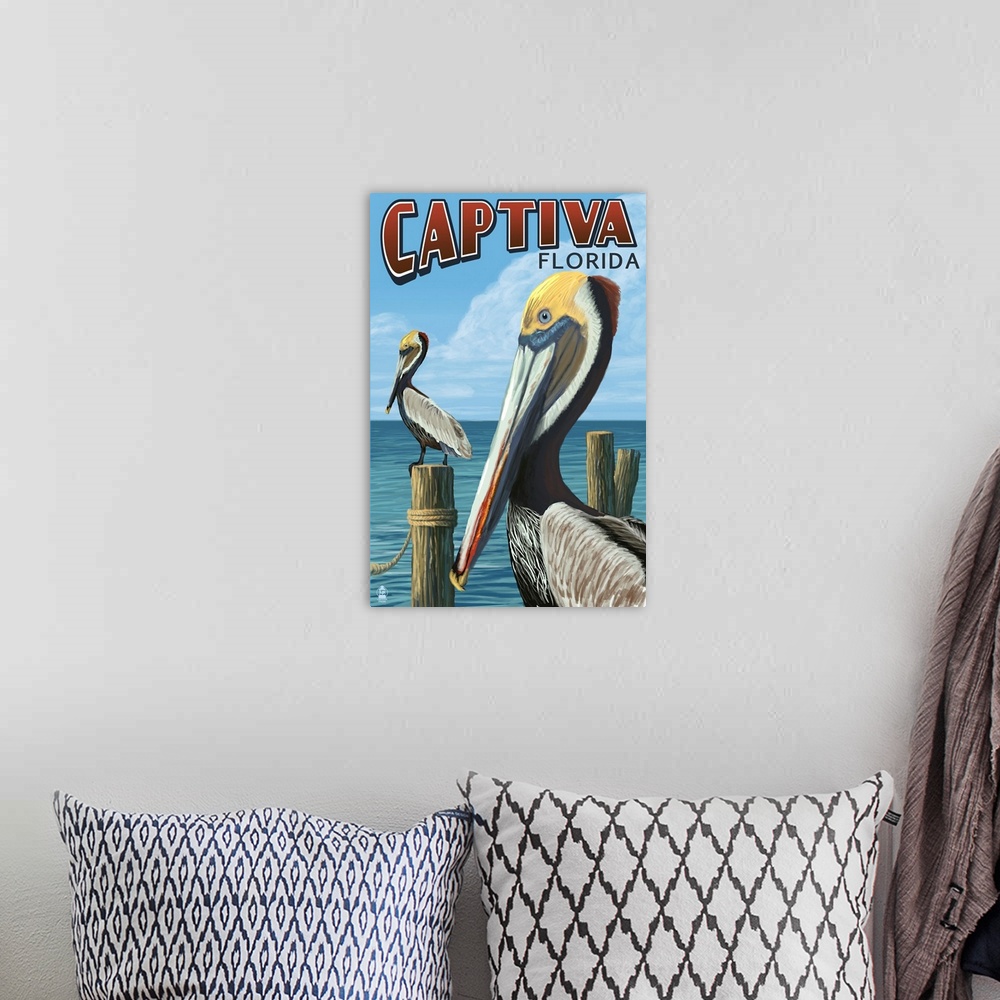 A bohemian room featuring Captiva, Florida - Brown Pelican: Retro Travel Poster