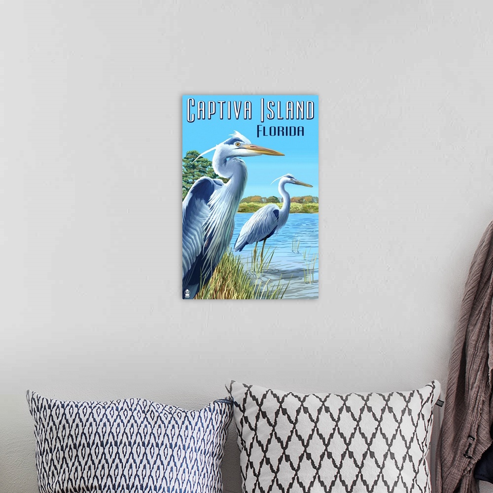 A bohemian room featuring Captiva Island, Florida - Blue Herons in grass : Retro Travel Poster
