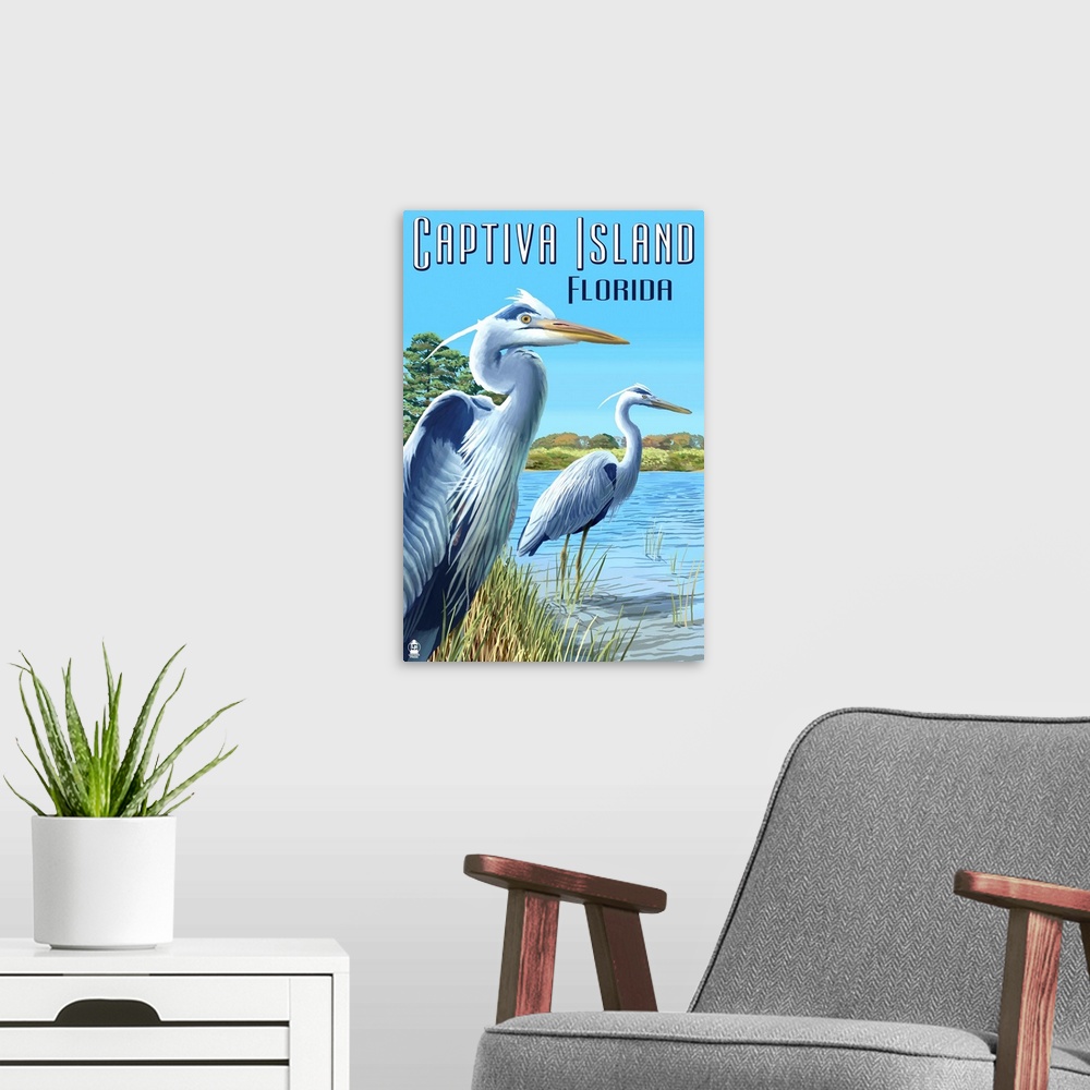 A modern room featuring Captiva Island, Florida - Blue Herons in grass : Retro Travel Poster
