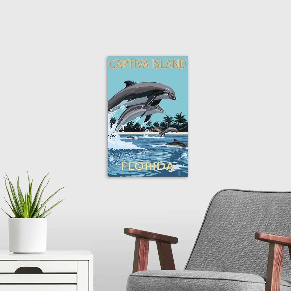 A modern room featuring Captiva Island, Florida - Dolphins Swimming: Retro Travel Poster