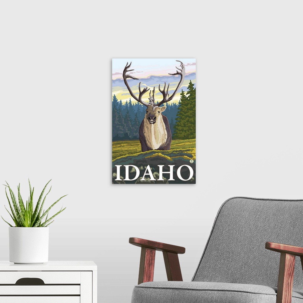A modern room featuring Caribou in the Wild - Idaho: Retro Travel Poster