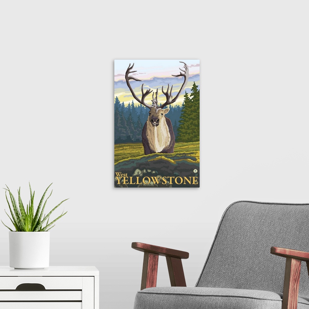 A modern room featuring Caribou in the Wild - West Yellowstone, MT: Retro Travel Poster