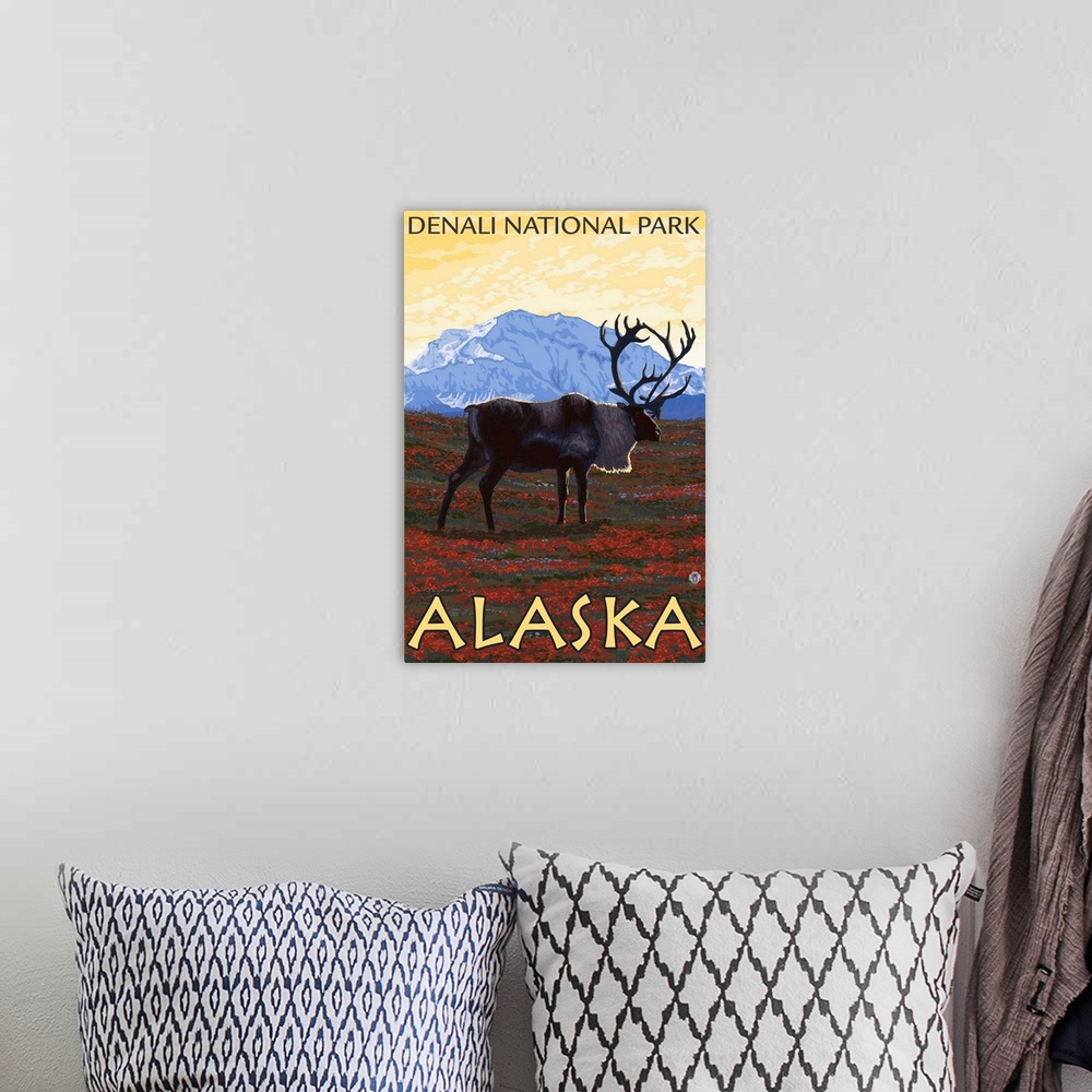 A bohemian room featuring Caribou Scene - Denali National Park, Alaska: Retro Travel Poster