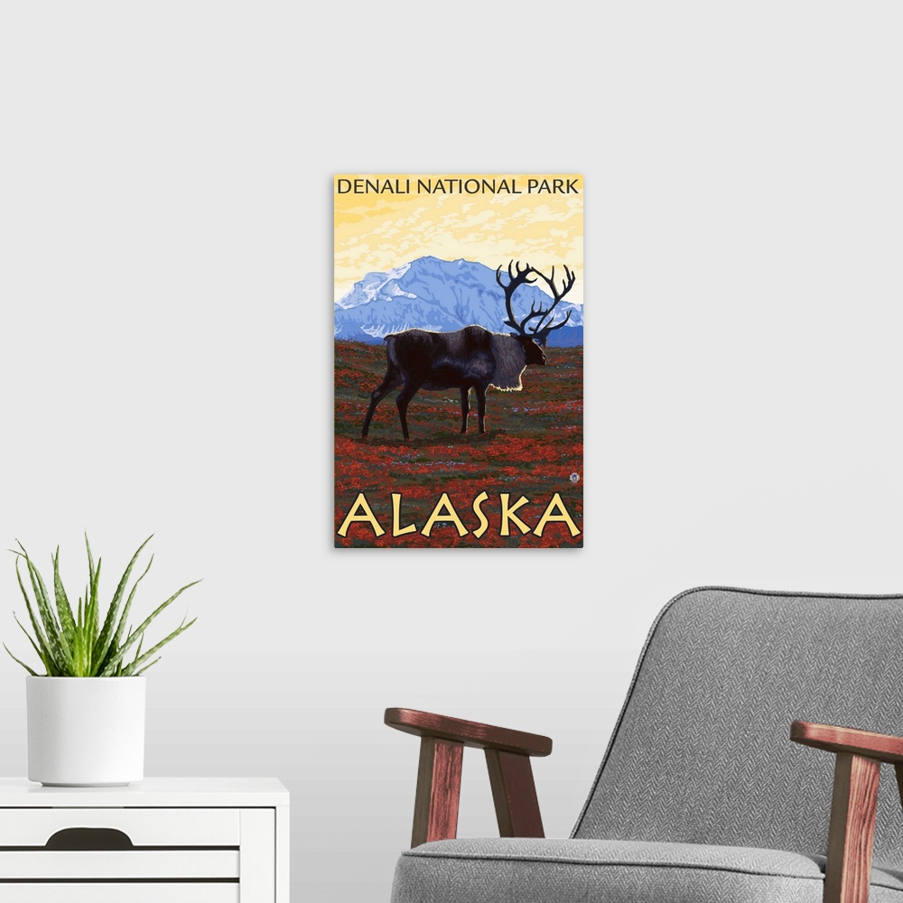 A modern room featuring Caribou Scene - Denali National Park, Alaska: Retro Travel Poster